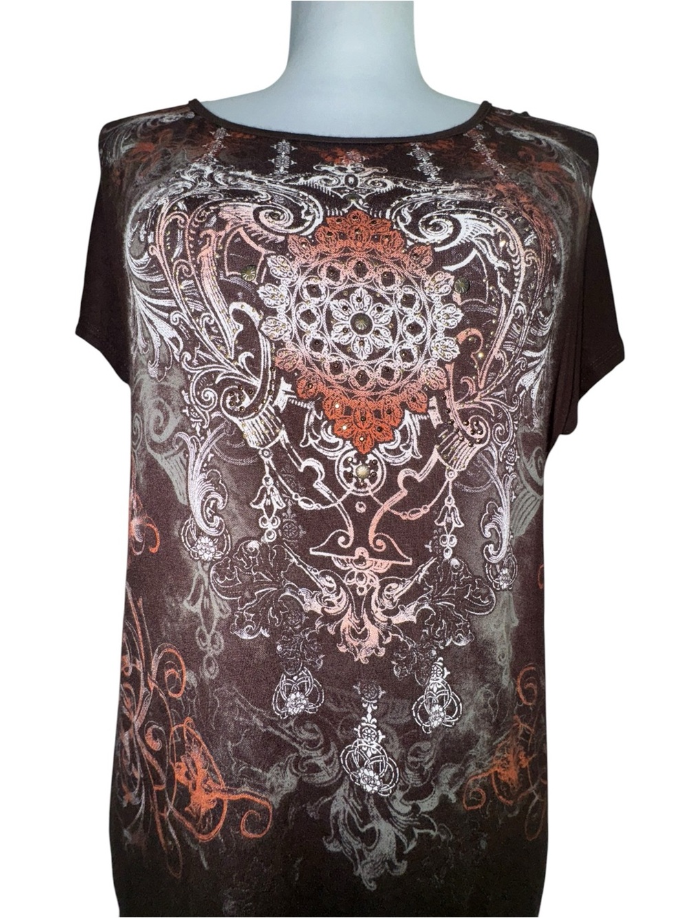New Directions Brown Graphic Embellished Open Back Top Small Grunge Y2K - Picture 4 of 12